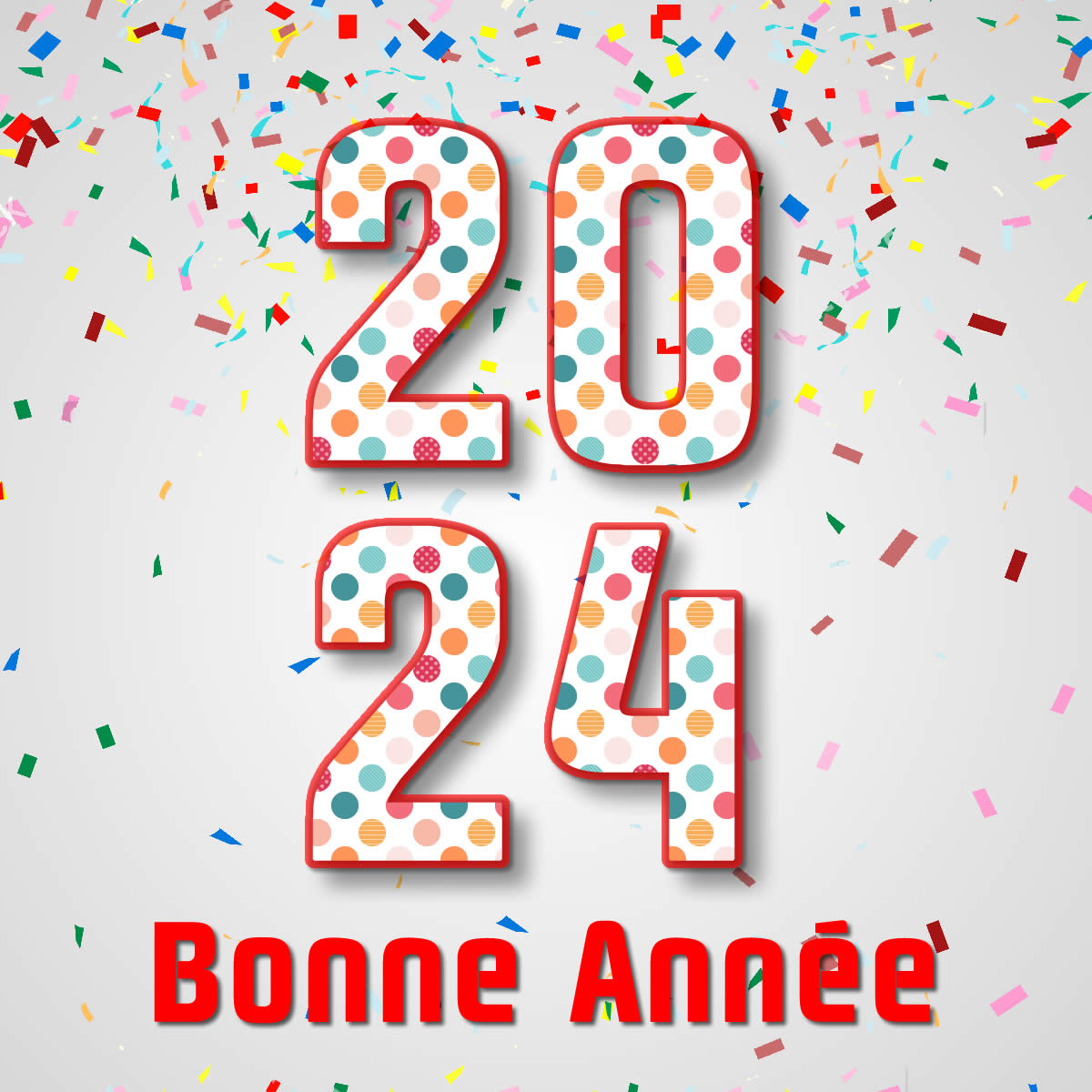 Image de voeux de nouvel an 2024 avec numéro avec texte en gras et confettis décoratifs