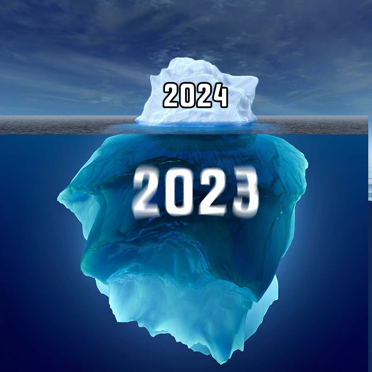 Photo d'un iceberg avec toutes les années passées et le nouveau 2024